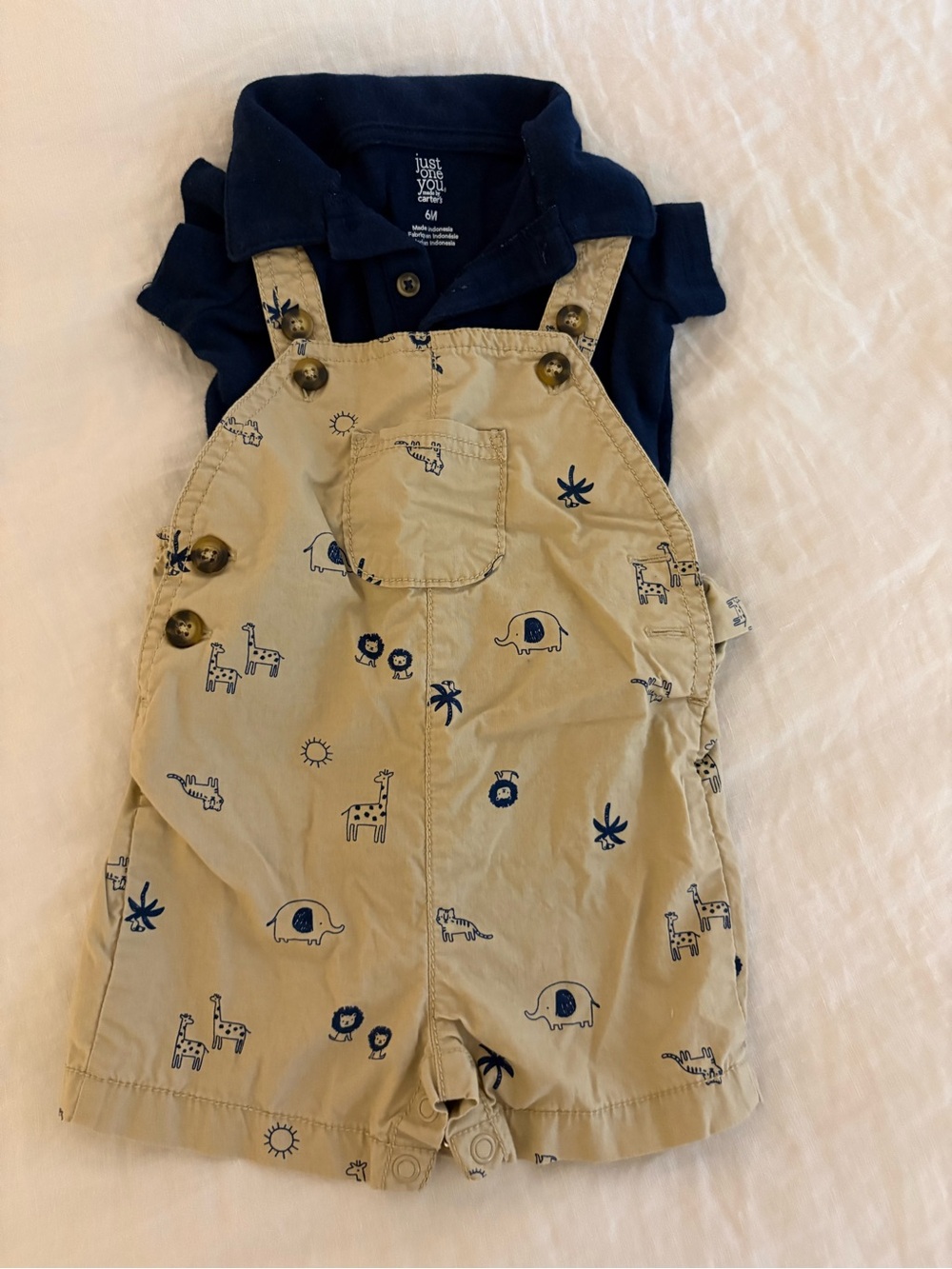 Carter's Navy Polo with Khaki Animal-Print Overalls